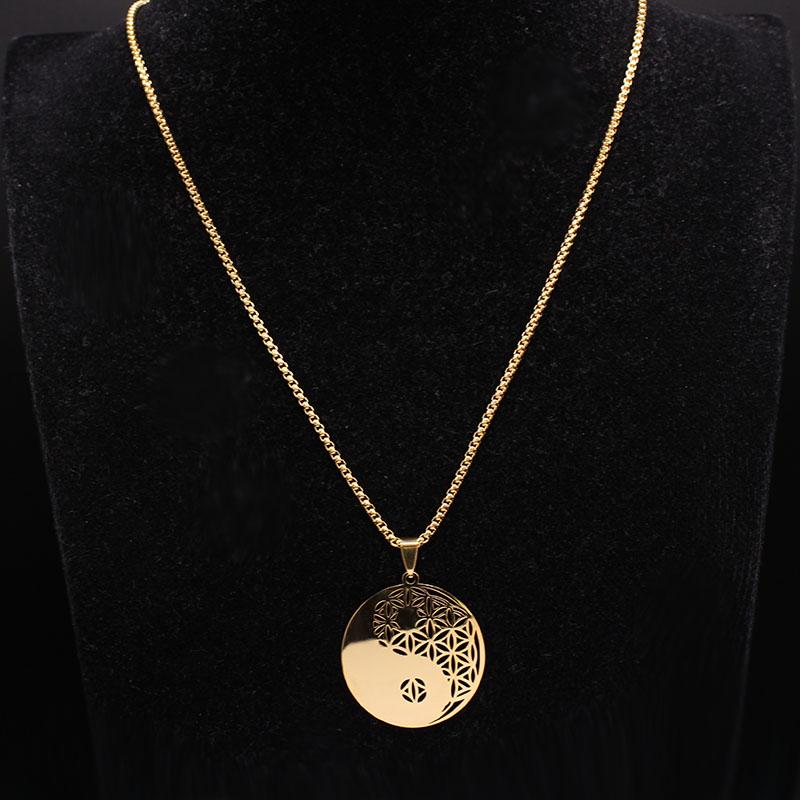 Flower of Life Stainless Steel Long Necklace for Women Men Gold Color Mandala Metatron Necklaces Jewelry Collares Para Mujer