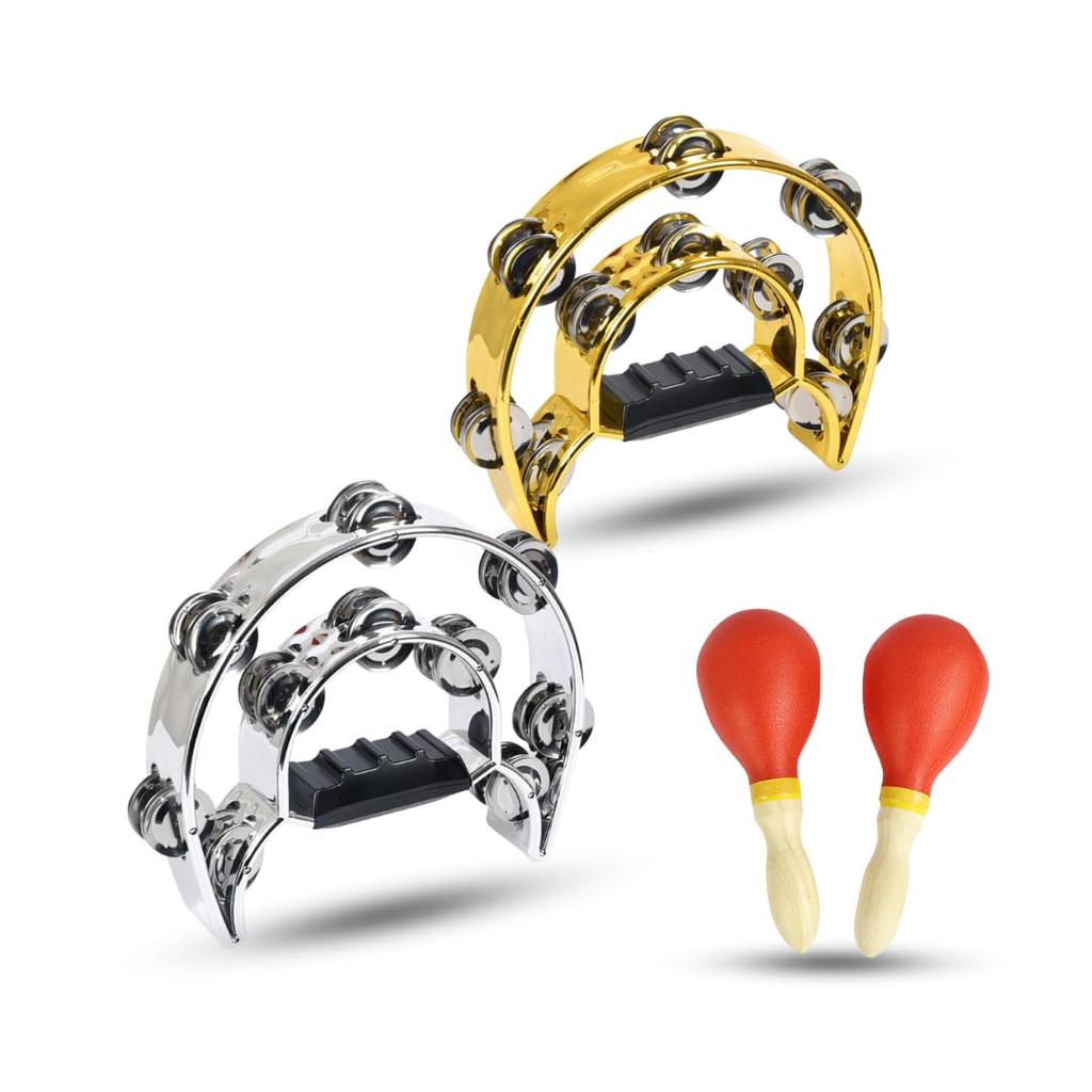 Regispro b Set of 2 Semicircular Tambourines, 23cm x 20cm, Silver & Gold, with Maracas