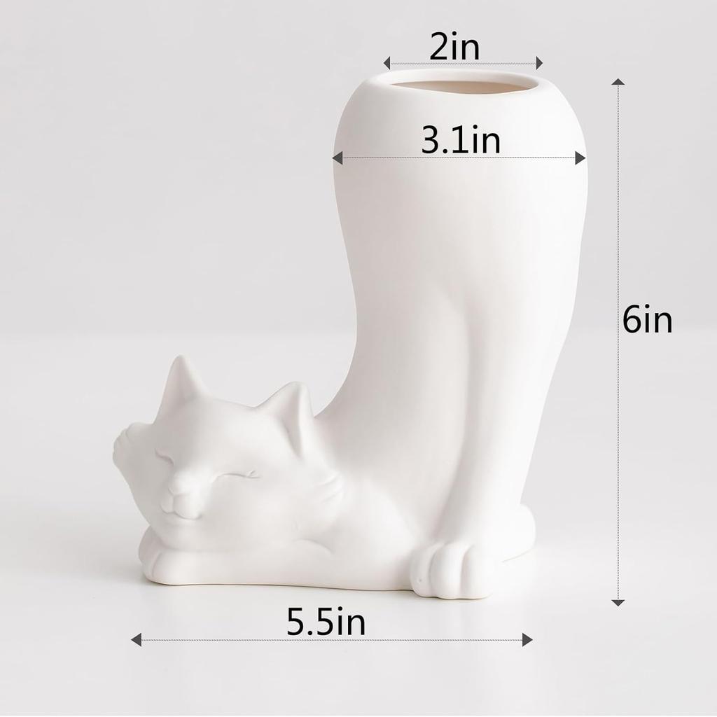 White Ceramic Vase Cute Cat Flower Vase, Modern Vase for Minimalist Decor for Table Decor, Shelf Vases for Decoration, Entryway Decor Vase