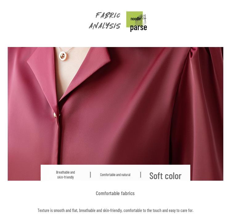 Women's Black Satin Shirt - 2026 Spring/Fall Loose Fit with Stylish Suit Collar and Long Sleeves