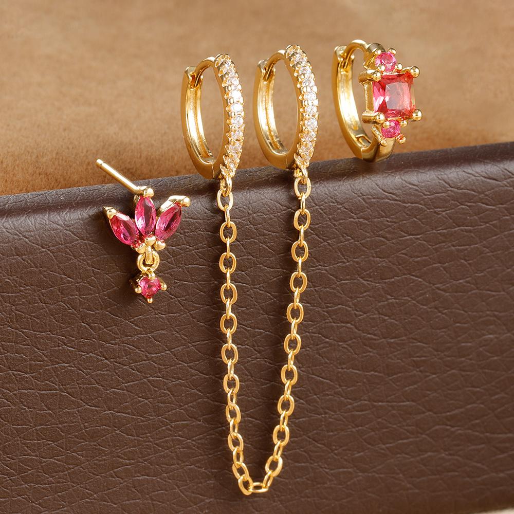 3PCS Stainless Steel Long Chain Two Hole Piercing Earrings Set for Women Tassel Horse Eye Zircon Small Hoop Earrings Jewelry