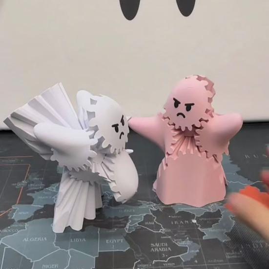 3D Printed Ghost Gear Cube Stress Anxiety Relief Halloween Cartoon Ghost Figurine Statue Fidget Toy Desktop Decoration Ornament
