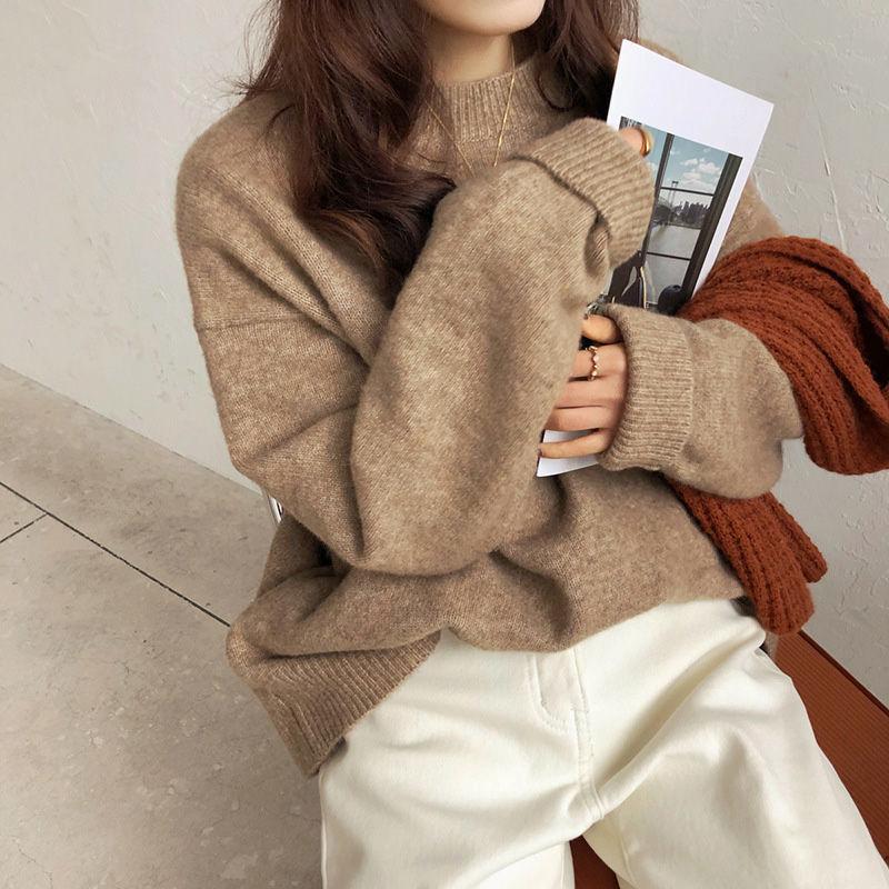 Damski luźny sweter retro z dzianiny - Okrągły dekolt, gładki kolor, miękki i gruby na jesień/zimę 2025