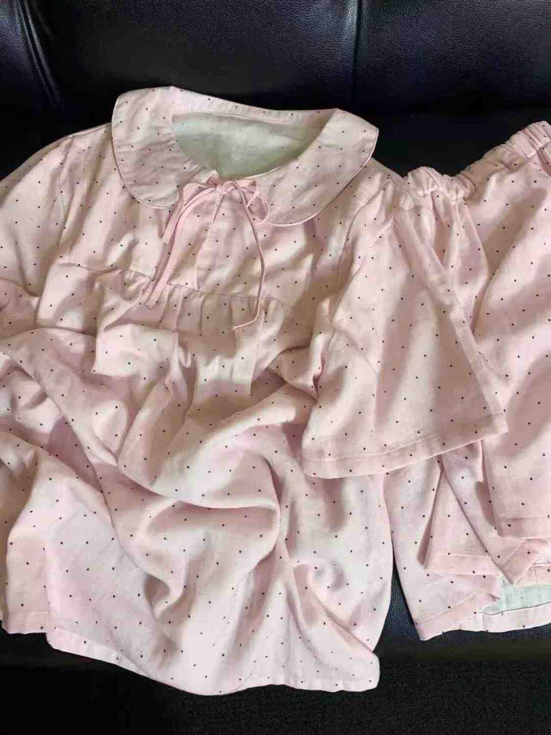 

Japanese sweet polka dot pink girl pajamas summer doll collar short-sleeved shorts set can be worn outside loungewear S