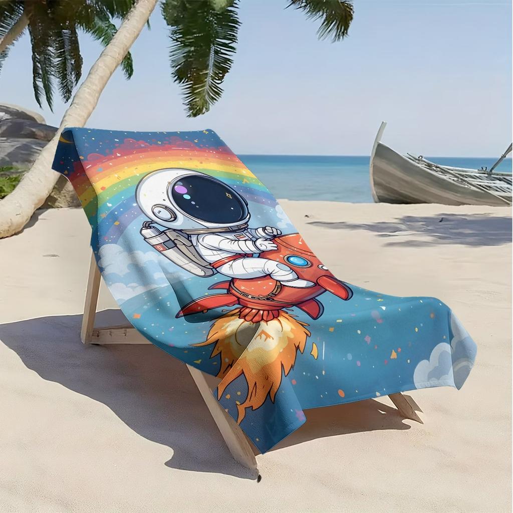 Cartoon astronaut Rainbow Rocket polyester microfiber beach towel is highly absorbent, suitable for swimming and beach outings