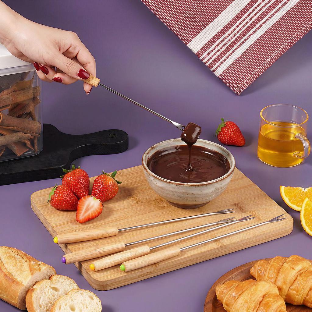 Oak Handle Fondue Fork Set - 6 Pieces for Cheese, Bread & Chocolate