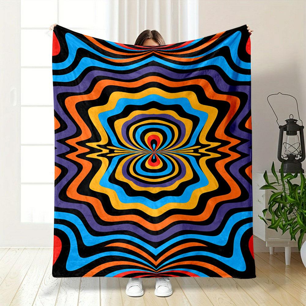 Wavy, colorful concentric ripples radiate symmetrically against a black base. for all seasons blanket lunch break throw gift