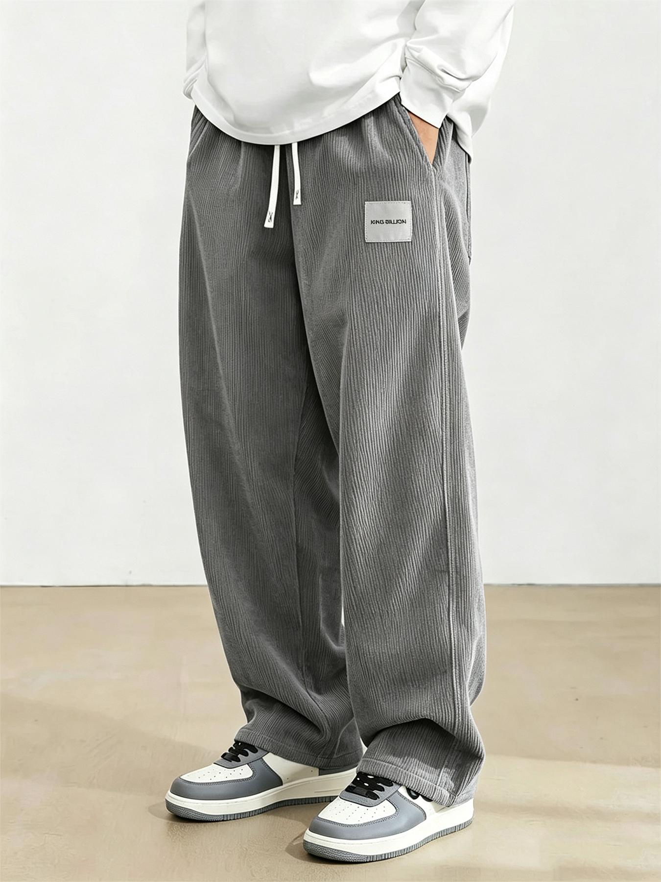 Herren Schwarze Cord-Baggy-Hose - Lässige Hosen mit Kordelzug und weitem Bein mit Taschen für Streetwear S graue