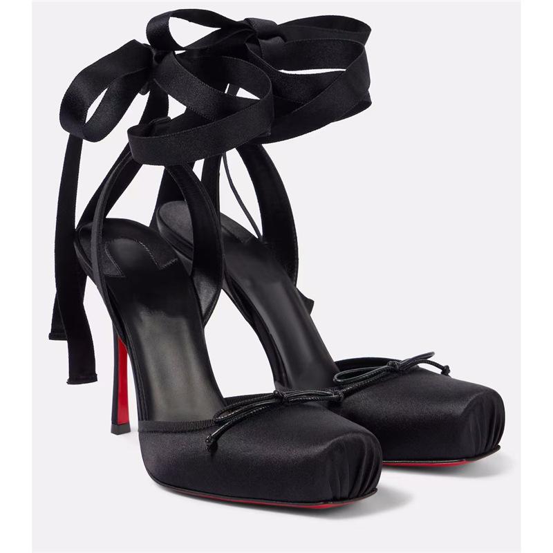 Chengdu leather-soled women's shoes fashion runway satin ribbon bag head waterproof table thin heel ballet bow sandals