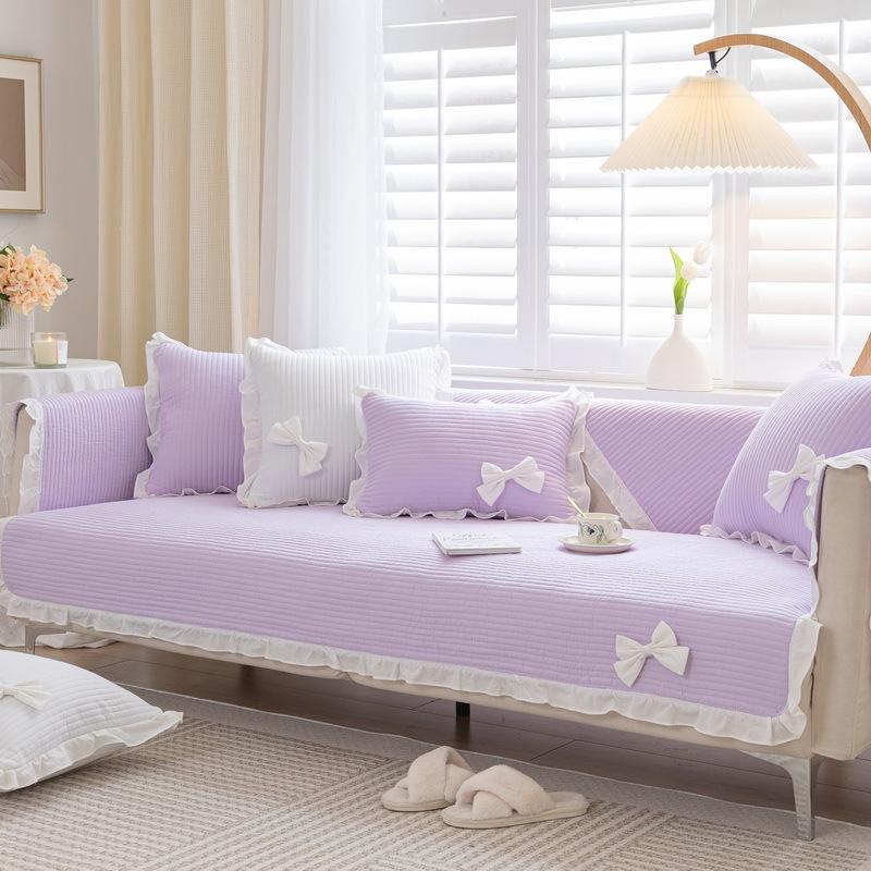 

Girl Style Pure Cotton Sofa Mat Universal for Seasons Broken Flowers Couch Cover Bowknot Decor Home Anti-slip Couch Sofa Mat 70x70cm 1pcs