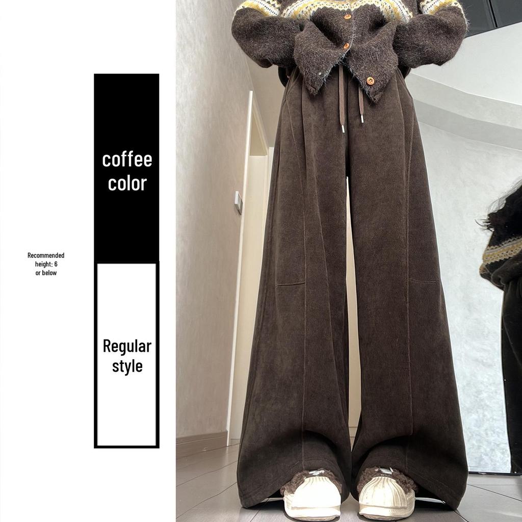 Women's High-Waisted Gray Corduroy Wide-Leg Pants - Autumn/Winter Plus Velvet Thickened Long-Leg Sports Sweatpants