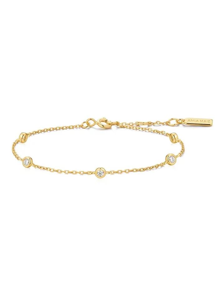 Gold Classic Bezel Setting Station 925 Silver Bracelet B074-02G.