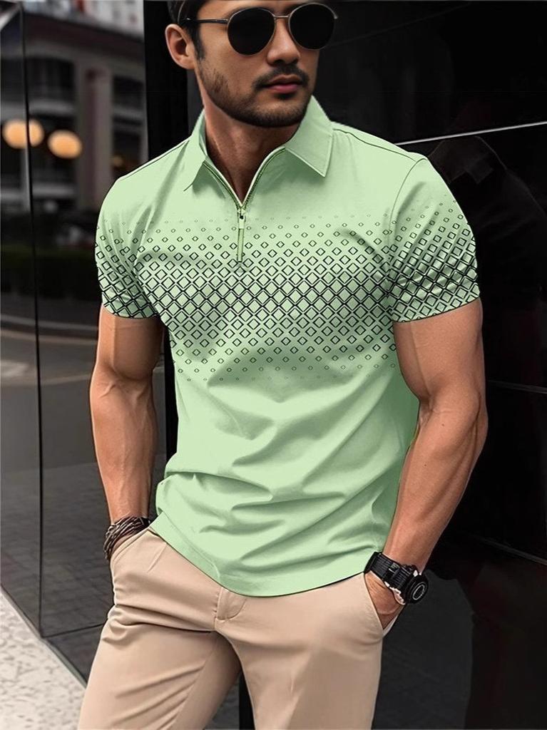 Summer New Men's Short Sleeved Lapel Polo Shirt Square Printed Zipper Casual