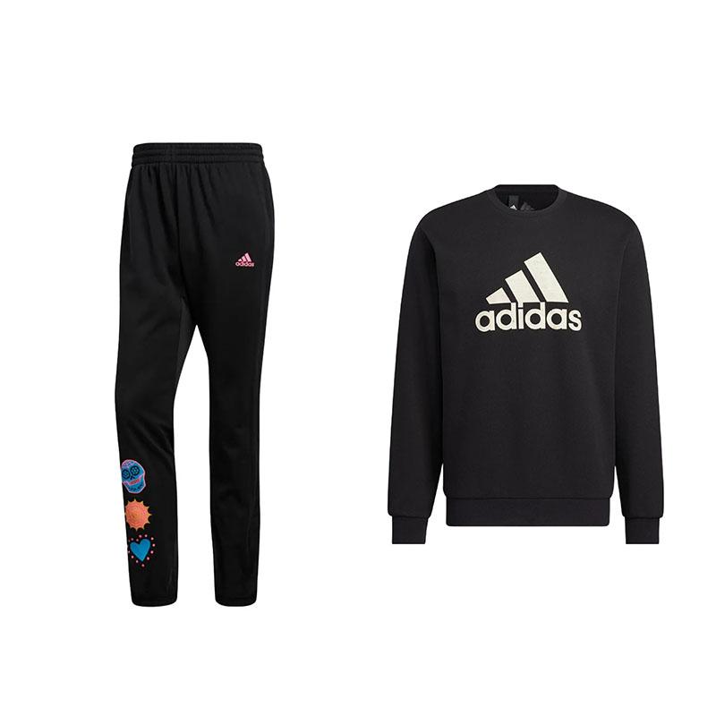 

Adidas Printed Logo Crew Neck Pullover Long Sleeve Top Training Sports Cuffed Pants Sweatshirt Set Men Sets Black HN8995+GQ8965 M
