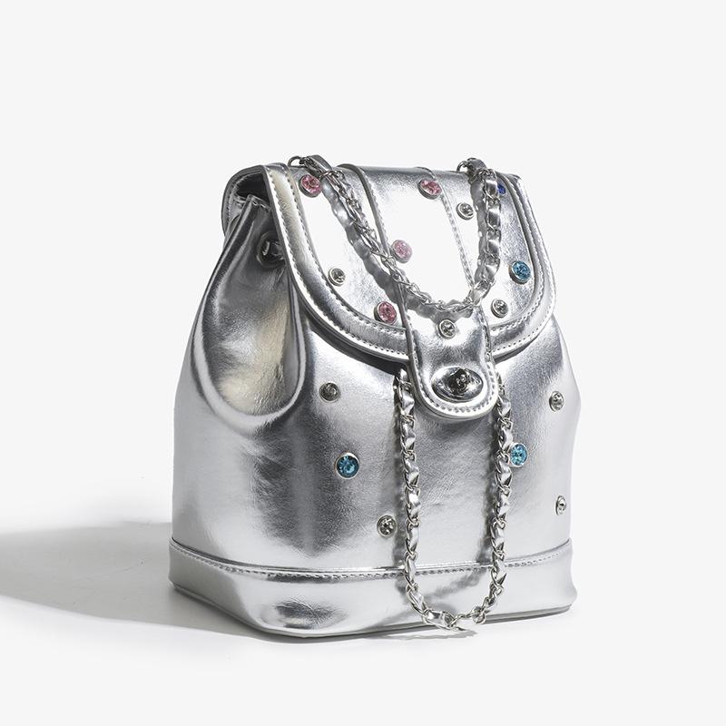 Chain Bag Women's Fashion Diamond Backpack Color Diamond Chain Backpack Large Capacity Bucket Backpack