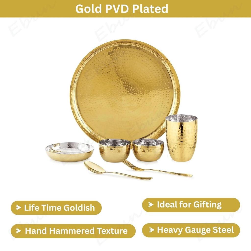 Heavy Gauge Stainless Steel Dinner Set | Gold PVD Plated Steel Thali Set | Stainless Steel Dinner Set for Kitchen | Pack of 1