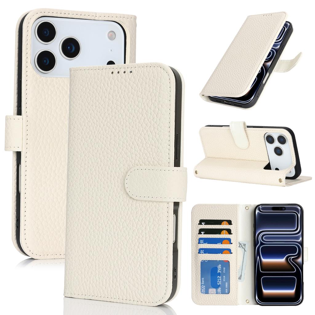 For iPhone 17 Pro Max Stand Case Litchi Texture Genuine Cow Leather Wallet Phone Cover RFID Blocking