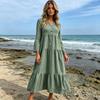 Women V Neck Button Down Maxi Dress Long Sleeve Tiered Panel A Line Casual Loose Fit Flowy Dress Elegant Solid Design