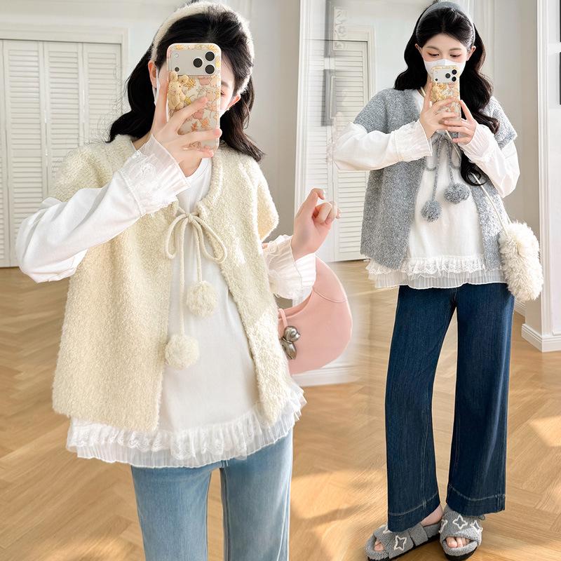2026 Spring Korean Lace Floral Long Sleeve + Pom-Pom Knit Vest Maternity Layering Set Medium