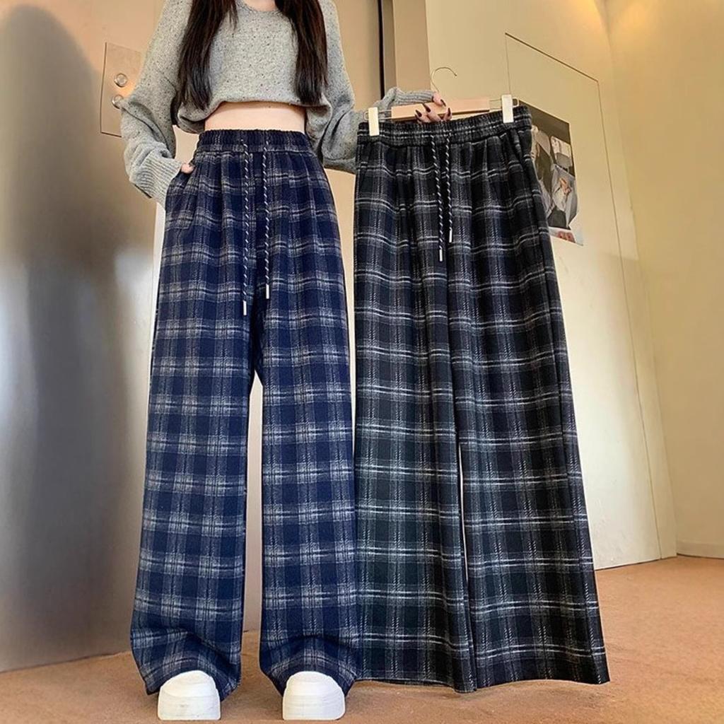 Early Spring Blue Plaid Casual Pants for Women with High Waist Straight-leg Pants Design Slim and Loose Wide-leg Pants