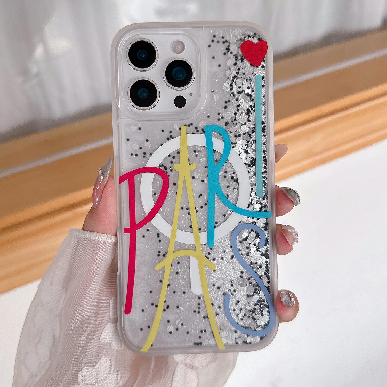 

For iPhone 16 Pro Max Magnetic Case Quicksand Skin Touch Pattern TPU PC Phone Back Cover Paris Text