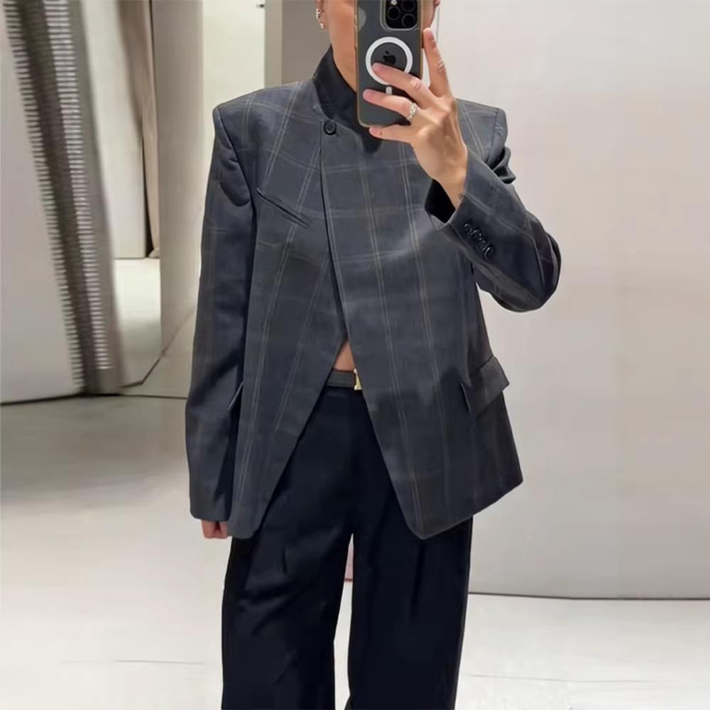 2026 Spring Korean Style Plaid Stand Collar Blazer