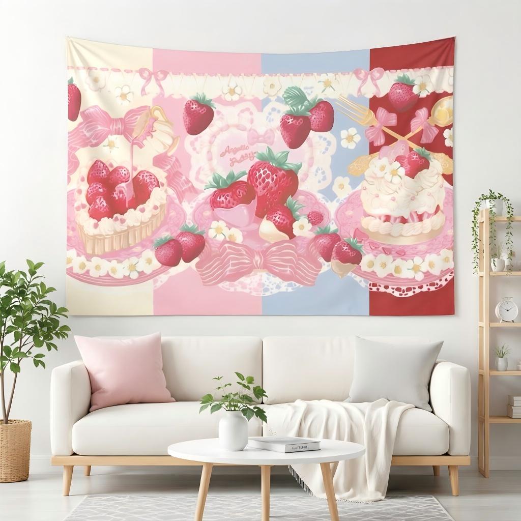 1pc Pink Strawberry Cake Lolita Tapestry Lace Bow Dessert Print Wall Hanging Cottagecore Decor Girls Bedroom Dorm Gift
