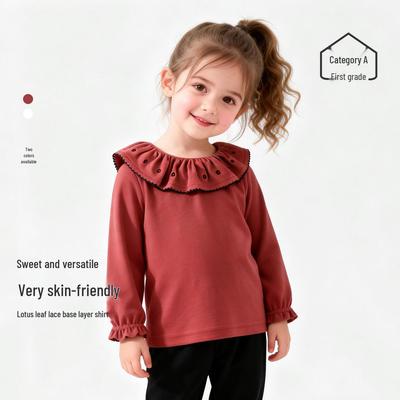 Girls' Stylish Lace Long-Sleeved Cotton T-Shirt - Versatile Base Layer for Spring and Autumn.