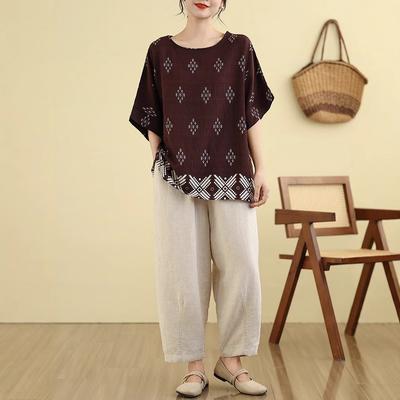 Baumwolle und Leinen Sommer Neu Damen Übergröße Kurzarm T-Shirt Um Sie schlanker aussehen zu lassen Sommer Locker Mutter Bedrucktes Oberteil Rundhalsausschnitt