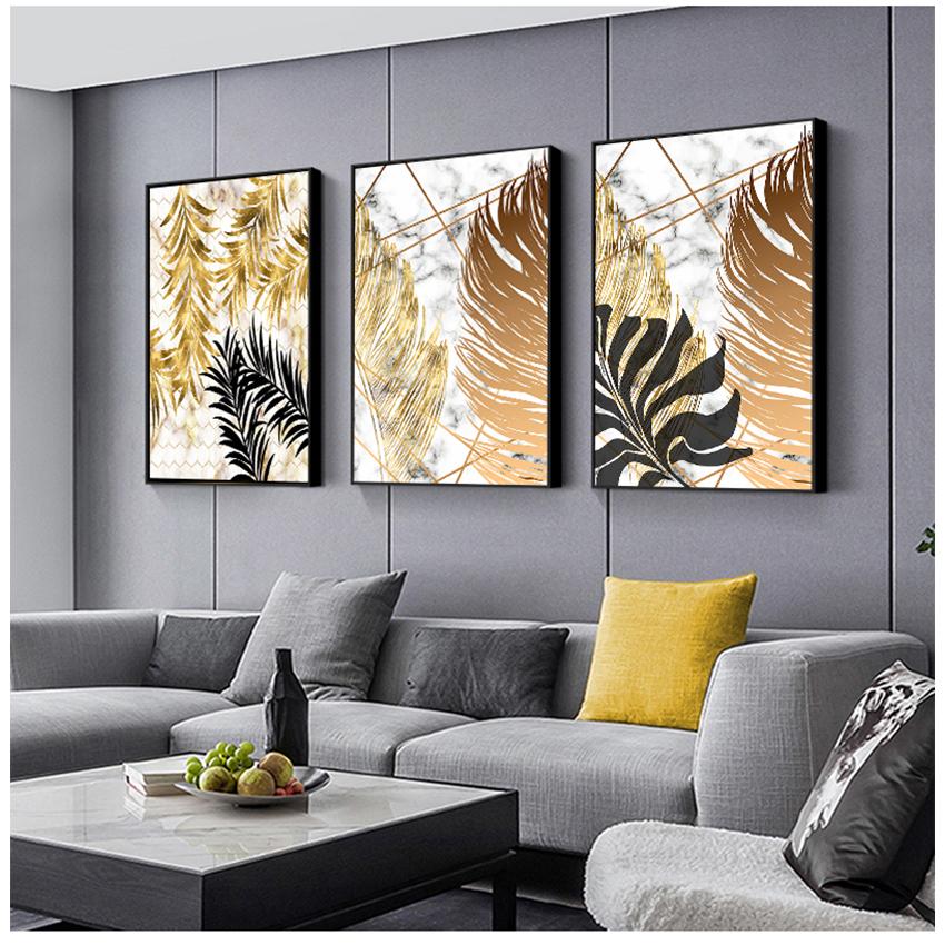 Imagem Parede Sala de estar Quarto Decoração Estilo Nórdico Planta Folhas Douradas Tela Pintura Decorativa Arte Abstrata Impressão