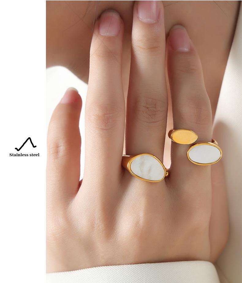 European & American Luxury Titanium Gold-Plated White Mother-of-Pearl Open Ring for Women