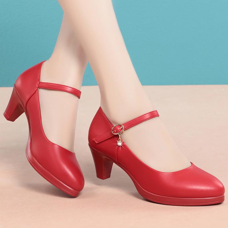Punta Tonda, Basso Taglio, Alla Moda, Eleganti, Tacco Chunky, Tacco Medio, Suola Morbida, Comode Scarpe da Lavoro con Cinturino a Singola Fibbia