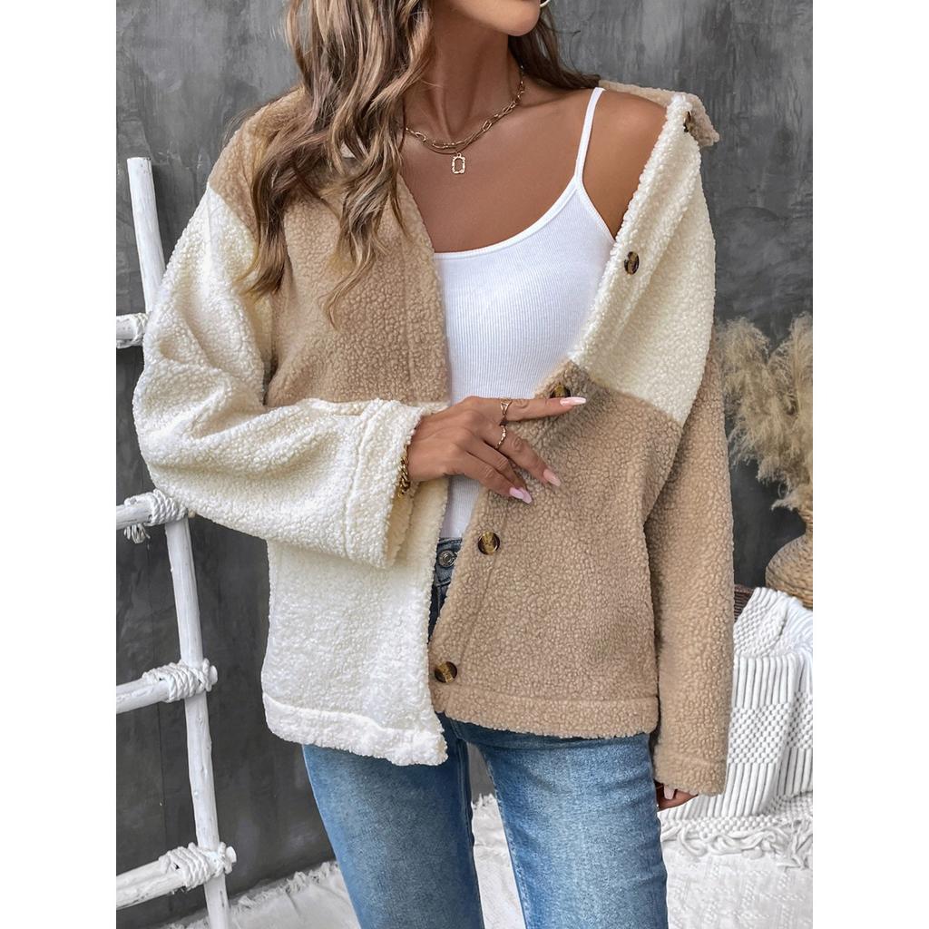 2025 New Autumn Winter Women's Thickened Color Block Single Breasted Lapel Casual Coat for Europe and America