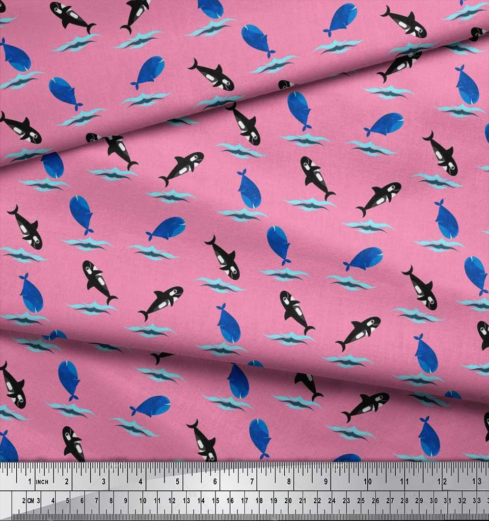 Soimoi Japan Crepe Satin Fabric Waves,Whale & Dolphin Ocean Decor Fabric Printed metre 42 Inch