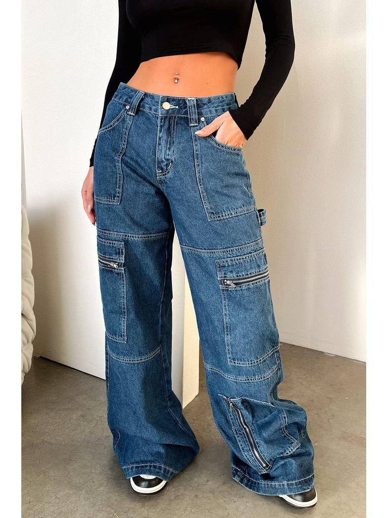 Women s High-Waisted Retro Cargo Jeans, Wide-Leg, Floor-Length Spicy Girl Style Small