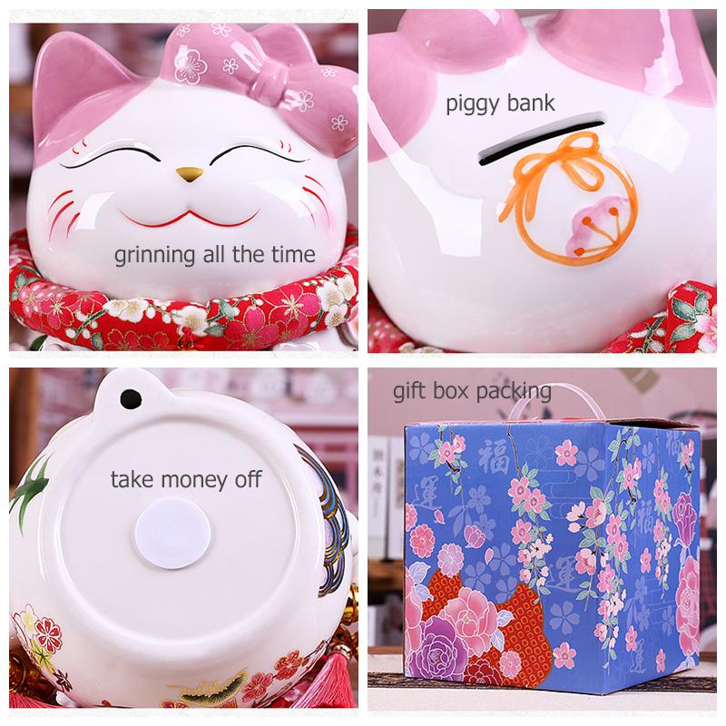 Cartoon Maneki Neko Ornament Ceramic Lucky Cat Figurine Pink BOW-TIE Fortune Cat Statue Home Decorative Money Box Piggy Bank