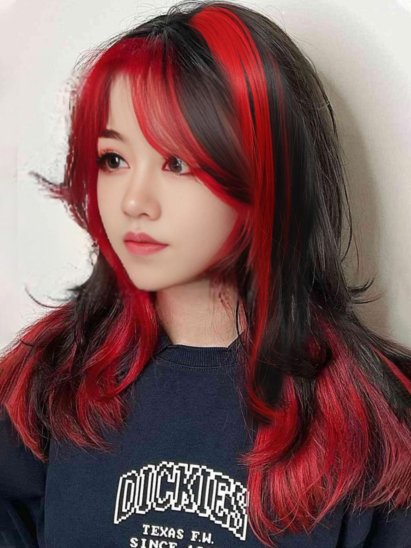 

JINKAILI 32 дюйма Длинные волнистые черные и красные парики для косплея Средняя часть парики для Хэллоуина, парик Лолиты, термостойкий парик для девочек