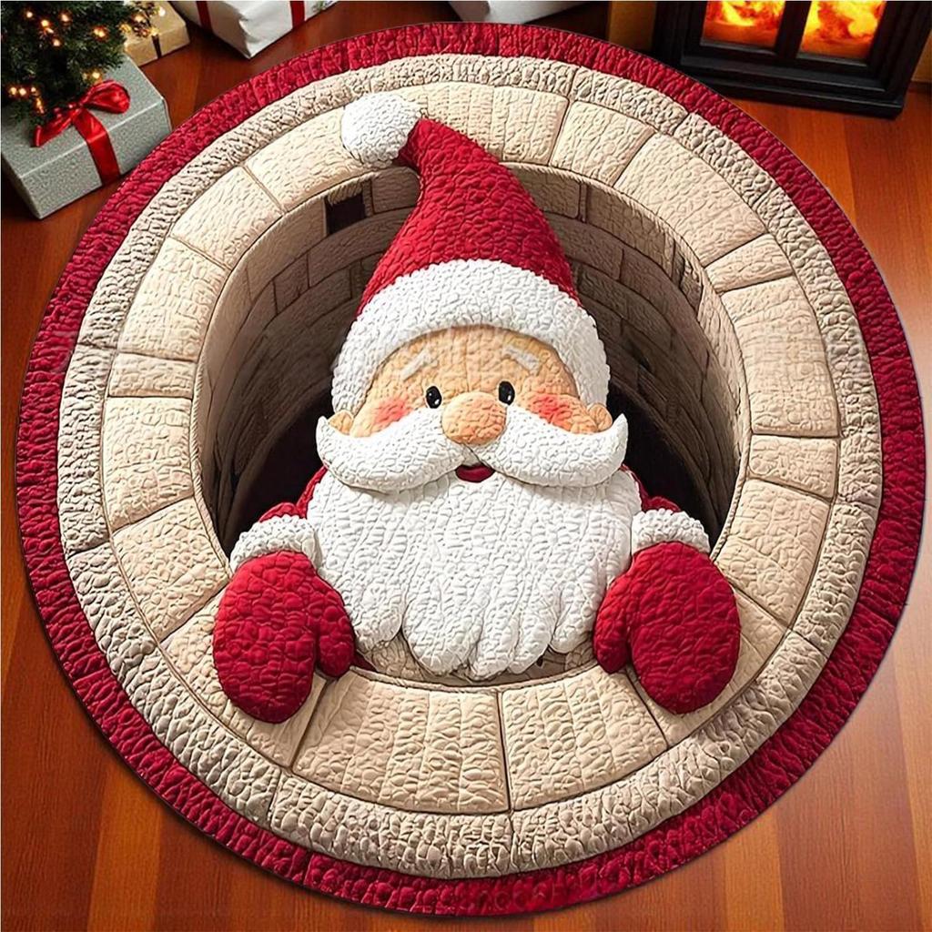 Tapis de Noël 3D 39 pouces Rond Père Noël Lavable Tapis de Porte Illusion d'Optique Tapis de Zone pour Intérieur Salle de Bain Entrée Maison