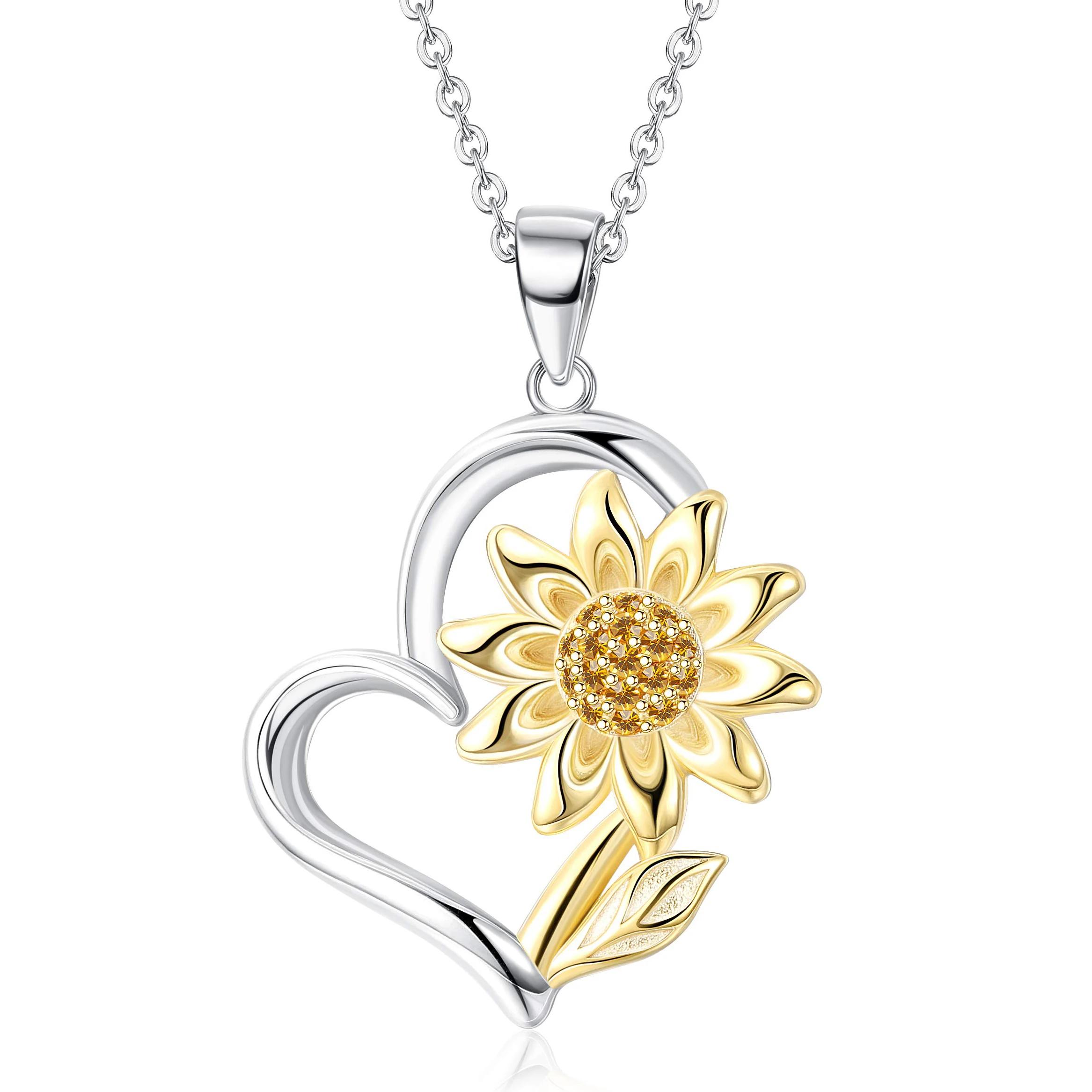Fansilver Sunflower Pendant Necklace S925 Sterling Silver Chain Gold Plated Heart Chain with Shiny Cubic Zirconia Cute Necklace белый