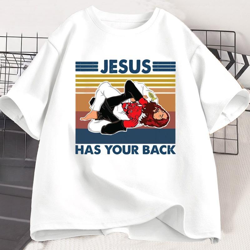 

Jiu Jitsu Jesus Has Your Back Tshirt Brazilian Jiujitsu T Shirt Vintage Cotton Women Short Sleeve Tee Shirt Streetwear Tops 4XL