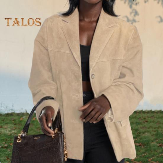 Damenjacke Vintage OL Pendlerstil Umlegekragen Einreihig Einfarbig Locker Mittellanger Mantel Herbst Winter Lässige Oberbekleidung