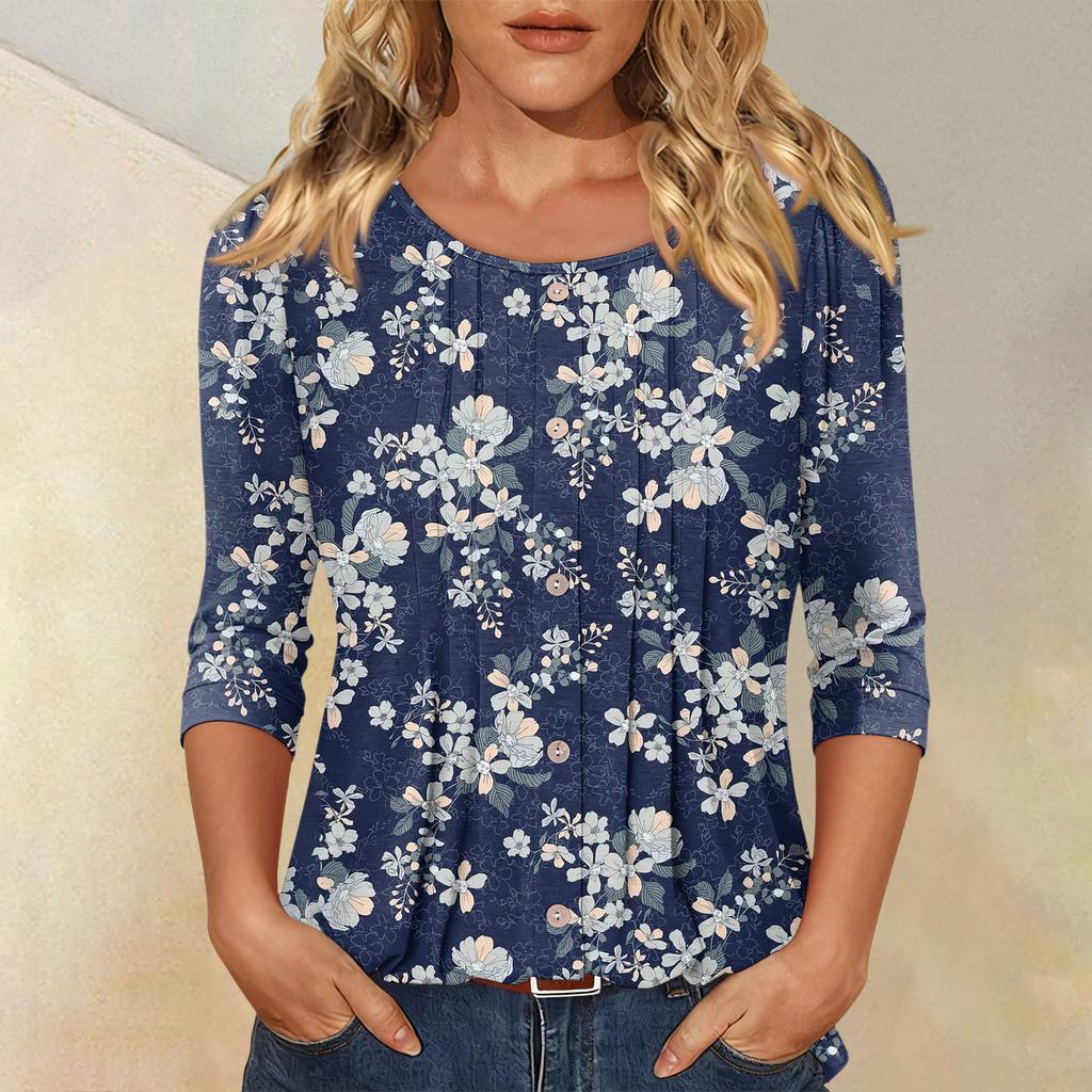 Women's Fashionable Casual Three,quarter Sleeve Button,down Retro Floral Round Neck Top