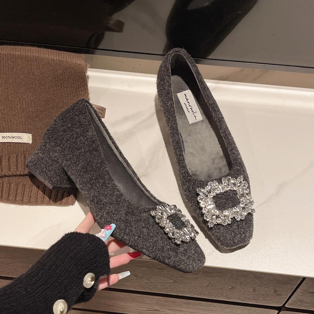 Xiaoxiangfeng thick heel square head rhinestone high-end single shoes women's shoes 2025 spring new high heels temperament commuter shoes