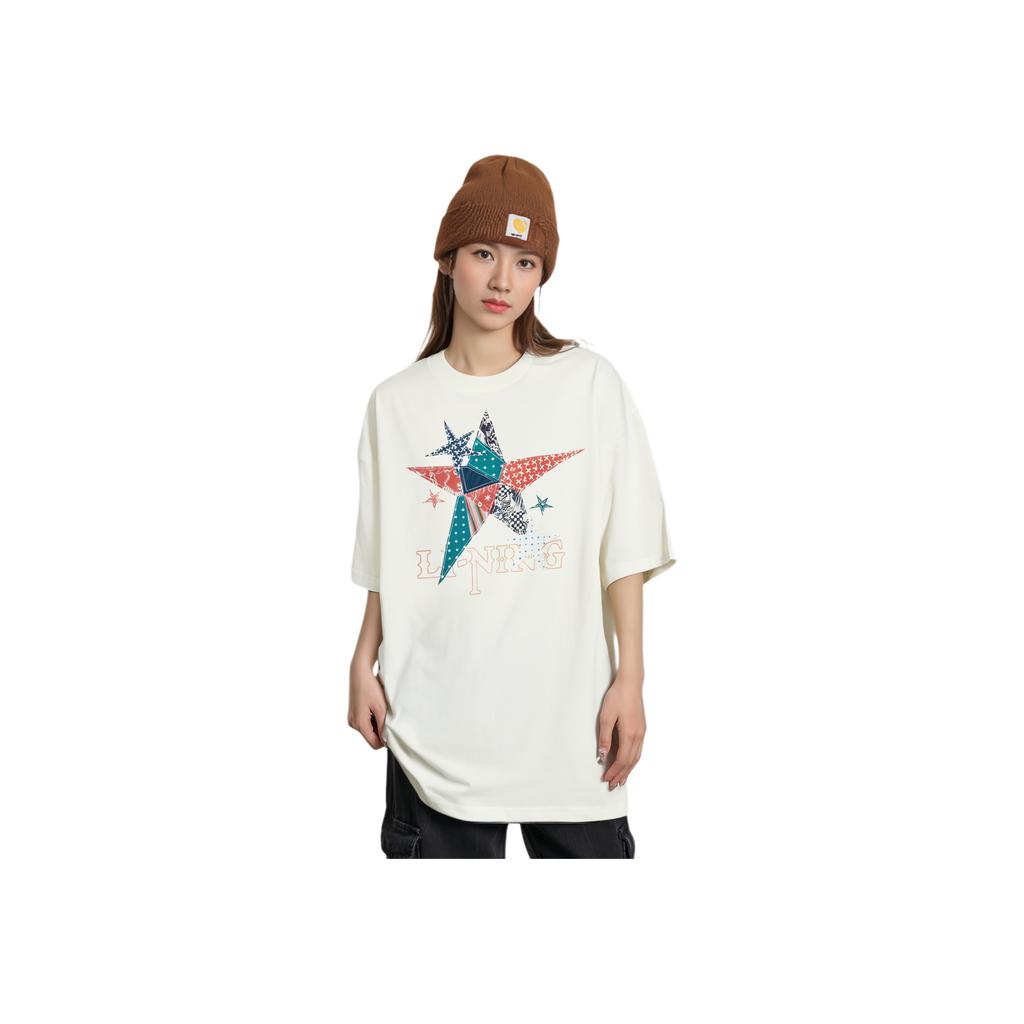 Li-Ning Star And Letter Print Loose Casual Short Sleeve T-Shirt Unisex Tops Off-White AHSU251-1