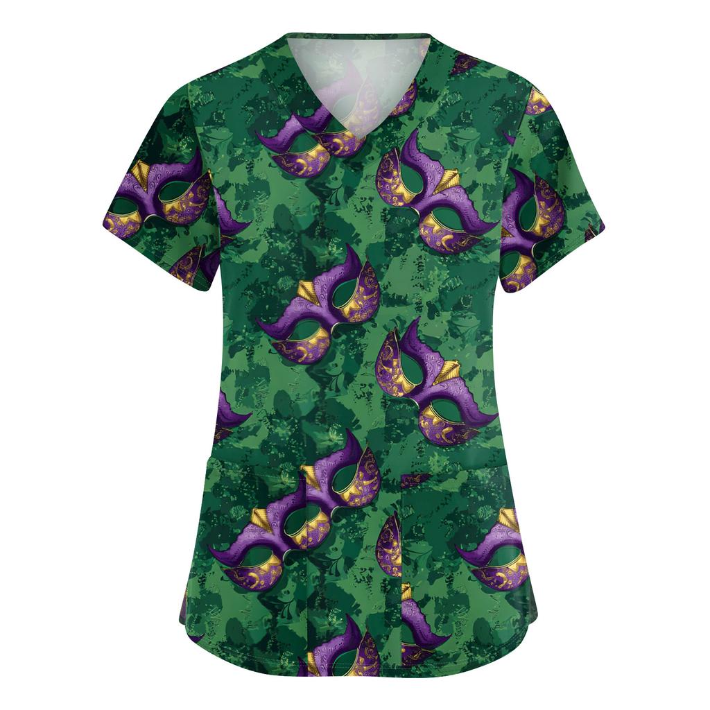 Women's Cute Printed Work Clothes V-neck Double Layer Pockets Basic Short Sleeve Top Pullover