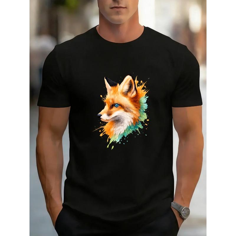 

European sizes Painted Fox Head, Ink-wash Animal Pattern Print, Fashionable and Versatile Daily Top, Round-neck Short-sleeved Top, 4XL чорний