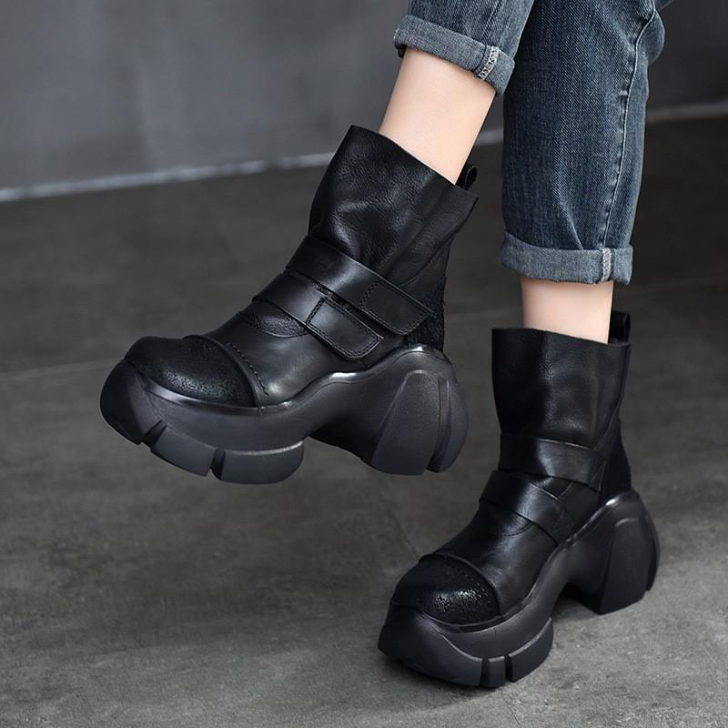 Fashion GKTINOO Retro Thick Soled Short Boots 2024 Autumn Winter New Genuine Leather Round Toe Solid Color Versatile Platform Shoes