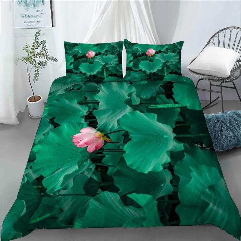 3D Lotus Flower Painting Duvet Cover Polyester Quilt Cover with Pillowcases King Queen Size for Kids Teen Adults Bed Decor Gifts