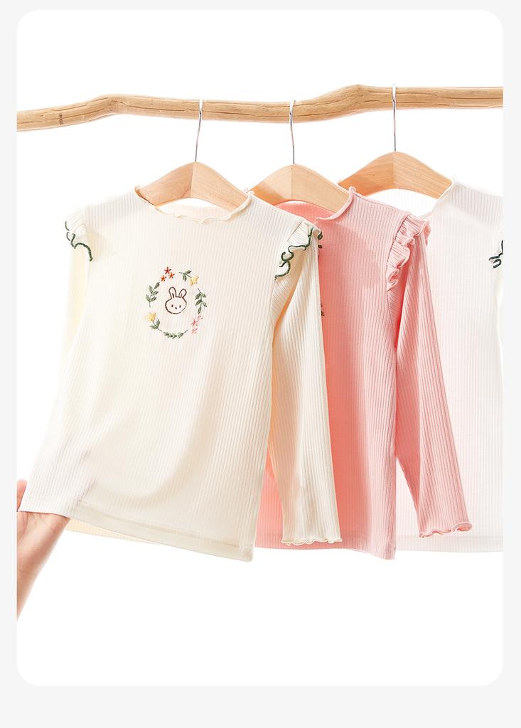 T-shirt da bambina 2026 nuovo stile per neonate, assorbente l'umidità, traspirante, carina, tinta unita, con pizzo, a maniche lunghe, maglia intima per bambini