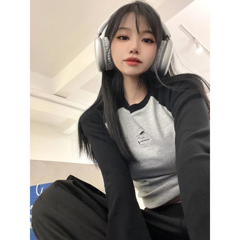 Y2k Vintage krótki top z długim rękawem t-shirty damskie koreański moda Harajuku Kpop estetyczne koszulki z nadrukami Patchwork jesień